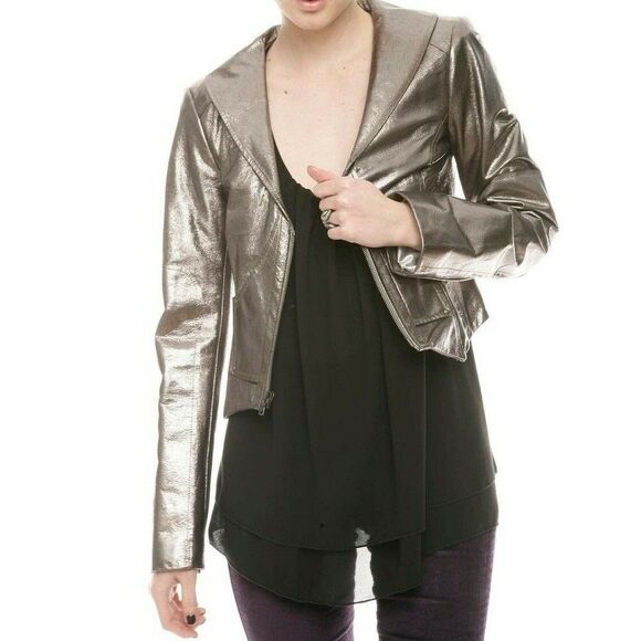 TL Tiffany Lawrence Leather Women's Jacket Pearlized Gunmetal Metallic Sz Large - Picture 1 of 14